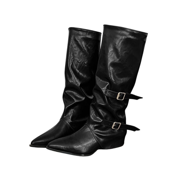 OKBOP Women's Glossy Faux Leather Knee-High Slouch Boots, Dual Buckle Straps Pull-On Pointed Toe Block Low Heel Vintage Boots Boots Sizes 35