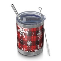 12oz Tumblers Red and Black Christmas Snowflake Pattern Vacuum Insulated Stainless Steel Travel Tumbler Cups Mug with Lid and Straw for Beer,Coffee,Beverages with Cleaning Brush for Cold & Hot Drinks