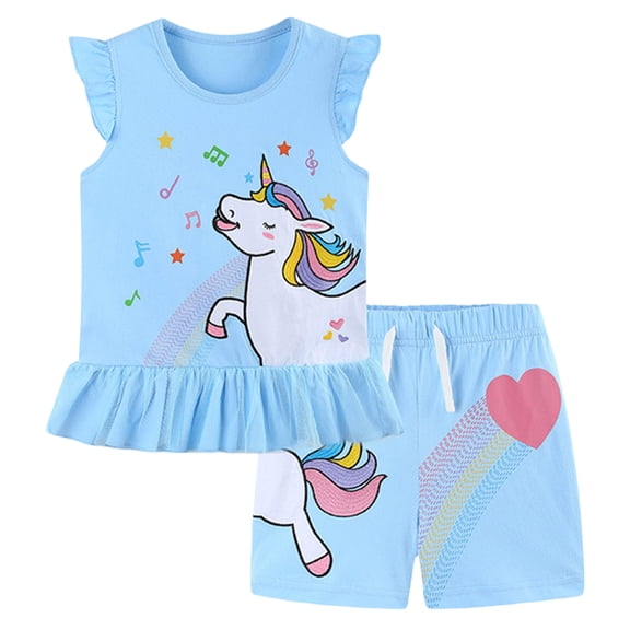 larppty Toddler Baby Girls 2 Piece Pajamas Set, Unicorn Rainbow Print Ruffle Sleeveless Top & Shorts, Soft Cotton Kids Summer Sleepwear(Sky Blue, 4-5 Years)