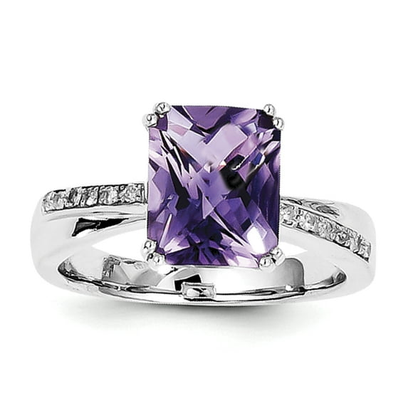 Bague en Argent Sterling Rhodié avec Diamant et Améthyste Taille 7