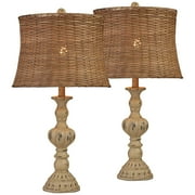 John Timberland Trinidad Country Cottage Table Lamps 26 1/2 High Set of 2 Antique White Candlestick Rattan Tapered Drum Shade for Bedroom Living Room