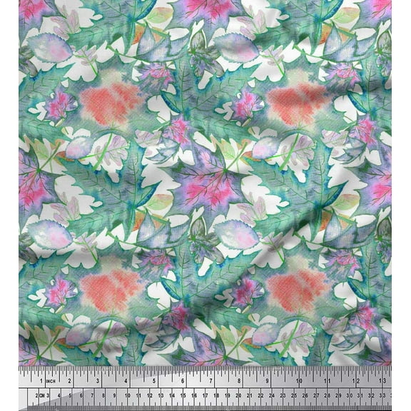 Soimoi Green Cotton Duck Fabric Autumn Leaves Printed Fabric 1 Yard 42 Inch Wide