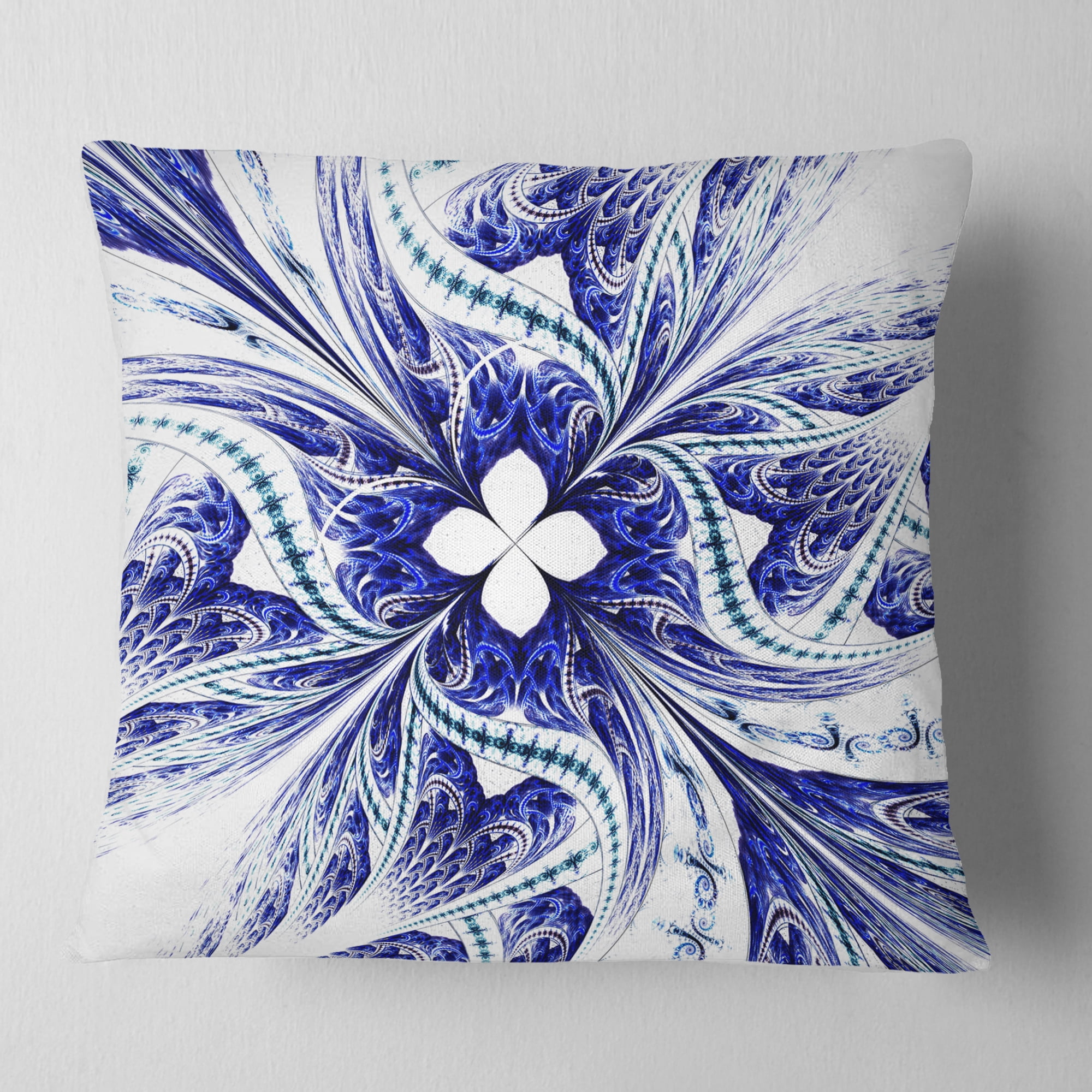 Designart Symmetrical Blue White Fractal Flower - Floral Throw Pillow - 18x18