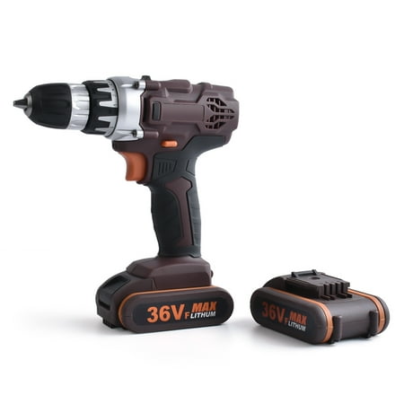 Cordless Drill Hand 36V Double Speed Cordless Rechargeable Electric Drill Lithium Battery Powered Electric Hand Drill with 2pcs Batteries ()