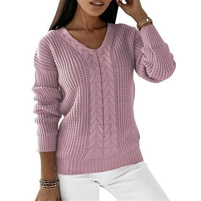 LUXUR Women Chunky Knitted Sweaters Knitwear Chic Pullover Pink L