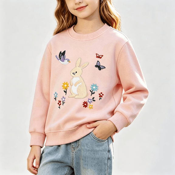 NEBWOAK Toddler Girls Bunny Embroidered Crew Neck Sweatshirt Cotton Long Sleeve Top Pink,Size 3-4 T