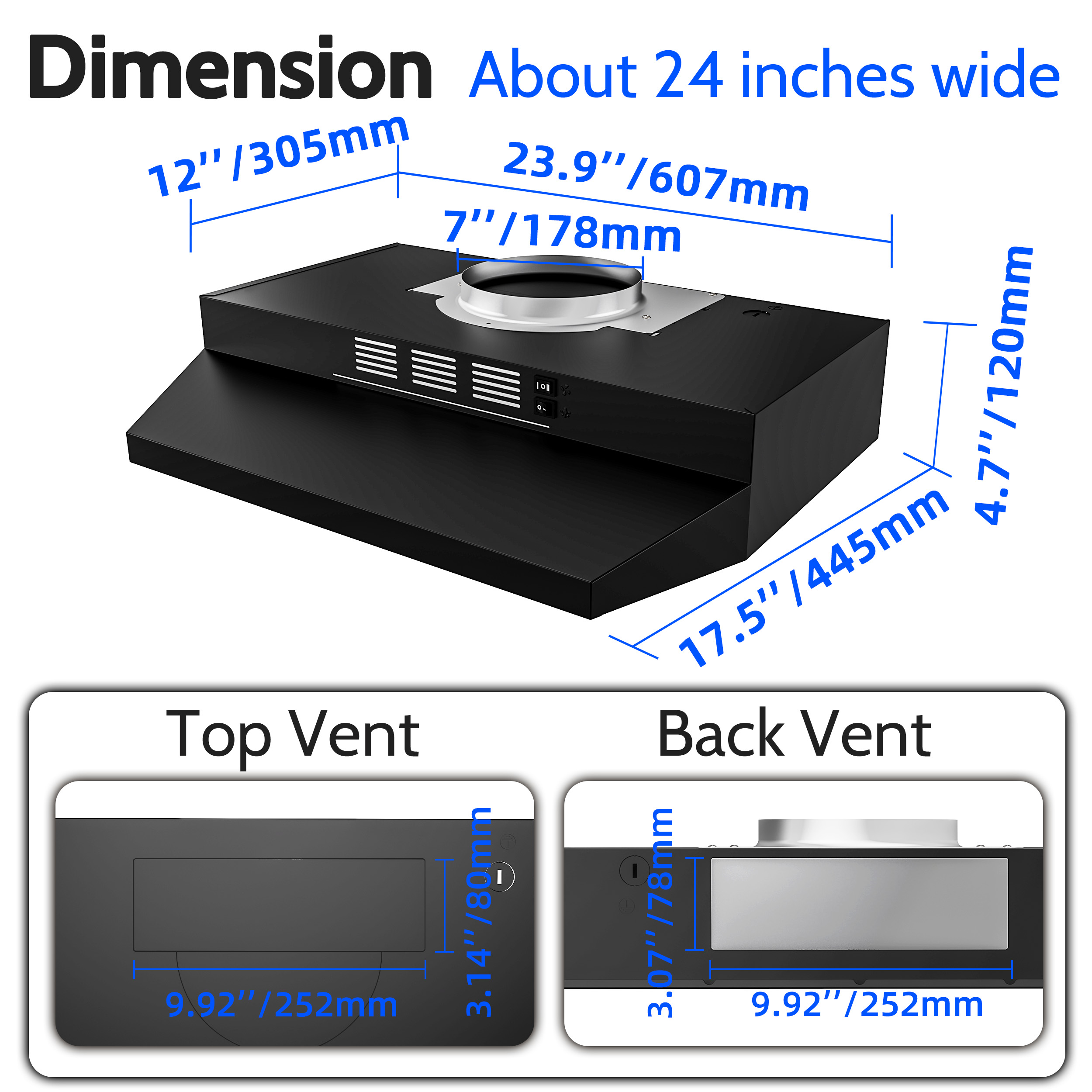 FIREGAS Black Range Hood 24 inch Under Cabinet Range Hood with 2 Speed Exhaust Fan,Ducted/Ductless Convertible,Rocker Button Control,300 CFM,Aluminum Filter