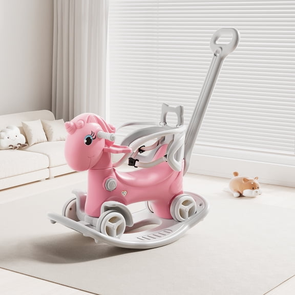 Wohh Rocking Horse for Toddlers , Balance Bike Ride On Toys with Push Handle, Versatile PE Rocking Horse for Kids-Pink
