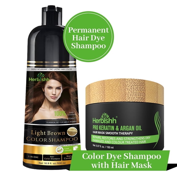 Herbishh Light Brown Hair Color Shampoo 500ml and Argan Hair Mask – Covers Grey Hair for Men and Women, Ammonia-Free Natural Hair Dye for Dry and Damaged Hair