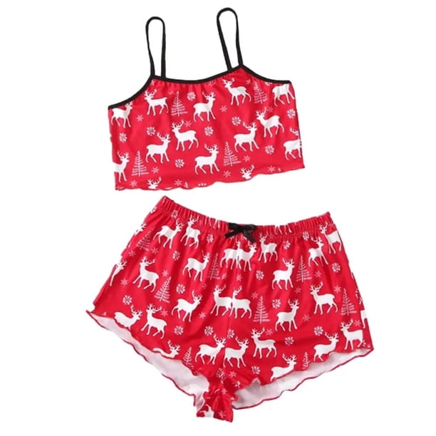 Nuevas mujeres Sexy Navidad estampado tirantes Top pijama camisola pantalones cortos copo de nieve ropa de hogar conjunto de dos piezas ropa de dormir para mujer