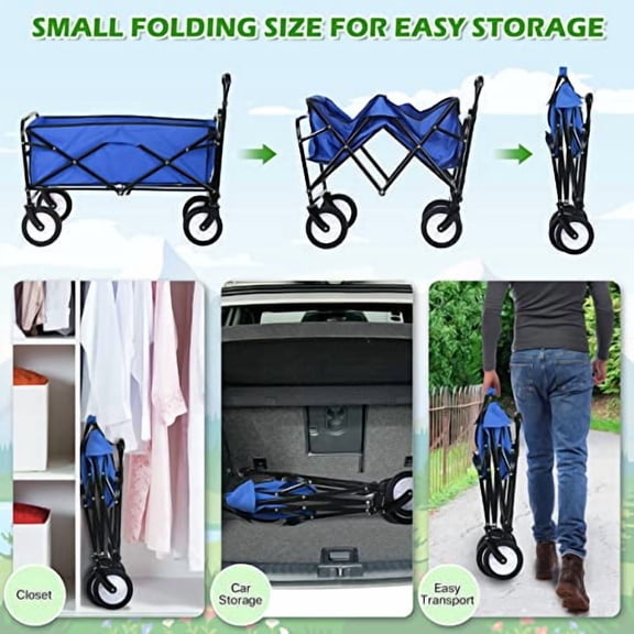 HKLGorg Folding Collapsible Wagon Cart with Wheels Heavy Duty Beach Wagon Outdoor Grocery Wagon Cart Portable Folding Utility Wagon Cart with Handle for Camping, Outdoor, Blue