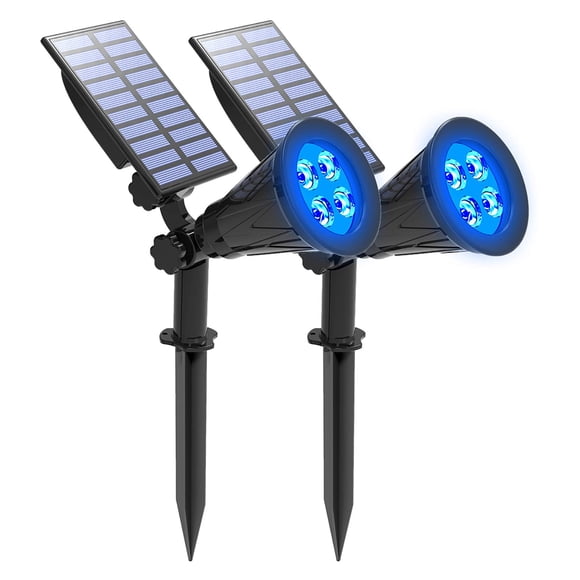 Projecteur Solaire Bleu, T-SUNUS IP65 Étanche 4 Lumières Solaires LED, Lumière de Sécurité Auto-on/Off Angle 180° Réglable pour Arbre, Patio, Jardin, Allée, Piscine (2 Pack)