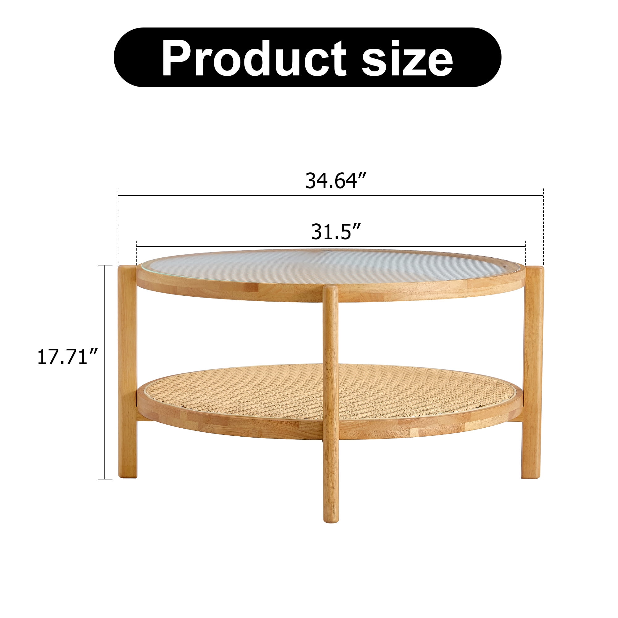 Kepooman 2-Tier Coffee Table, Round Tea Table with Solid Wood Frame and Pe Rattan, Modern Glass Sofa Center Table for Living Room, Natural Wood