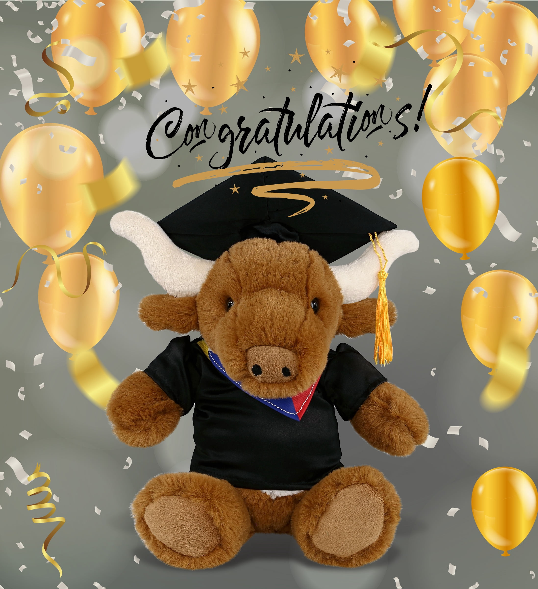 DolliBu Texas Longhorn Graduation Plush Toy - Super Soft Plush Graduation Stuffed Animal Dress Up with Gown and Cap with Tassel Outfit - Congratulatory Graduation Gift - 9 Inches