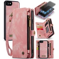 Feishell Durable 2-In-1 Magnetic Detachable Wallet Case for iPhone 7/8/SE 2020/SE 2022,for Women Men,Premium PU Leather Zipper Pocket Flip Multi Card Slots Purse Phone Case with Wrist Strap,Pink