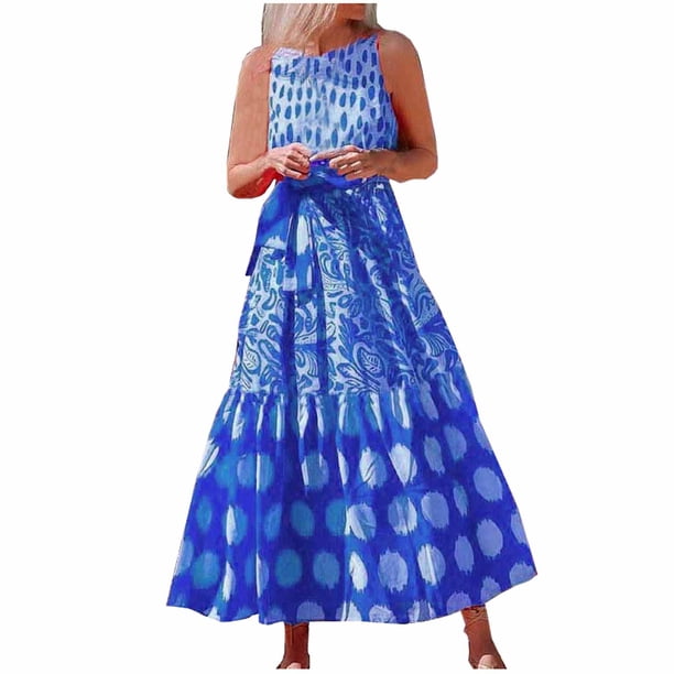 Vestido largo de playa sin mangas con cuello redondo y estampado de lunares de verano sexy a la moda para mujer Pompotops ghjkhdj3091
