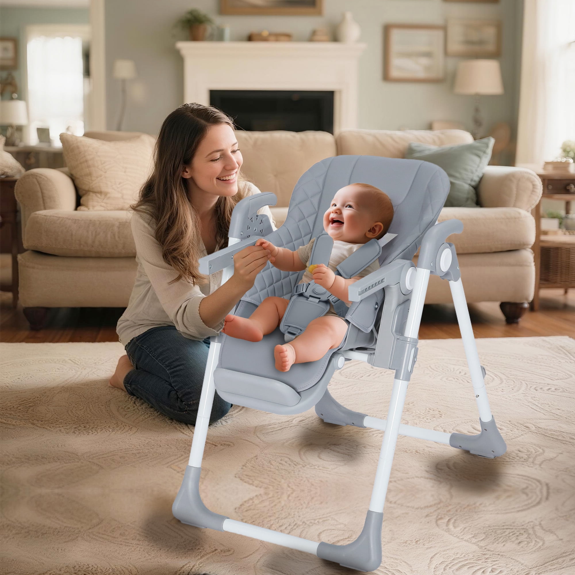AILEEKISS Foldable Baby High Chair with Wheels, Adjustable Recline Toddler Eating Chair, Grey