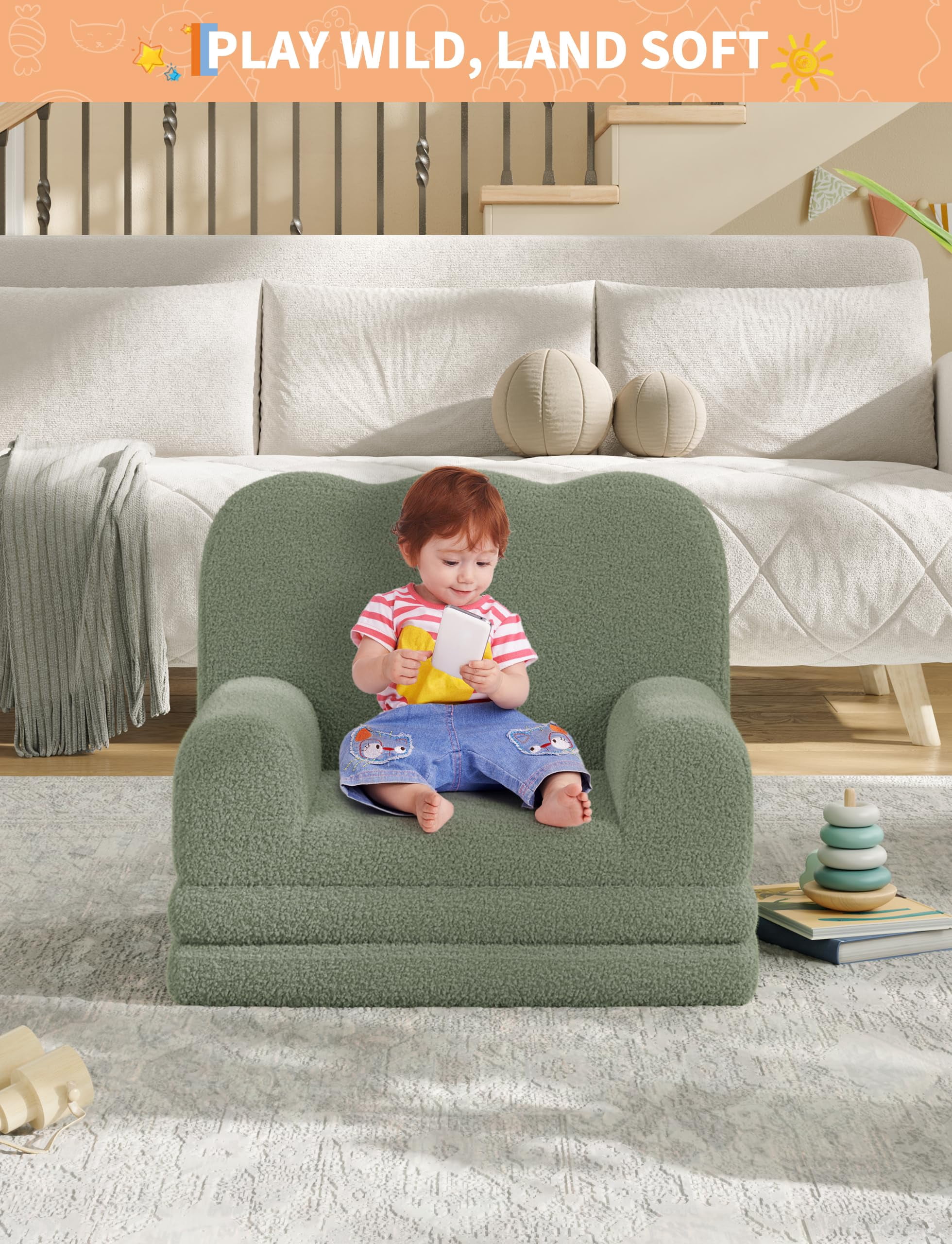 Kojooin Kids Couch, 2-in-1 Convertible Teddy Fleece Fabric Toddler Sofa Chair, Soft Fold Out Couch Lounger for Kids, Comfy Children's Sofa Bed for Playroom, Nursery, Birthday Gift