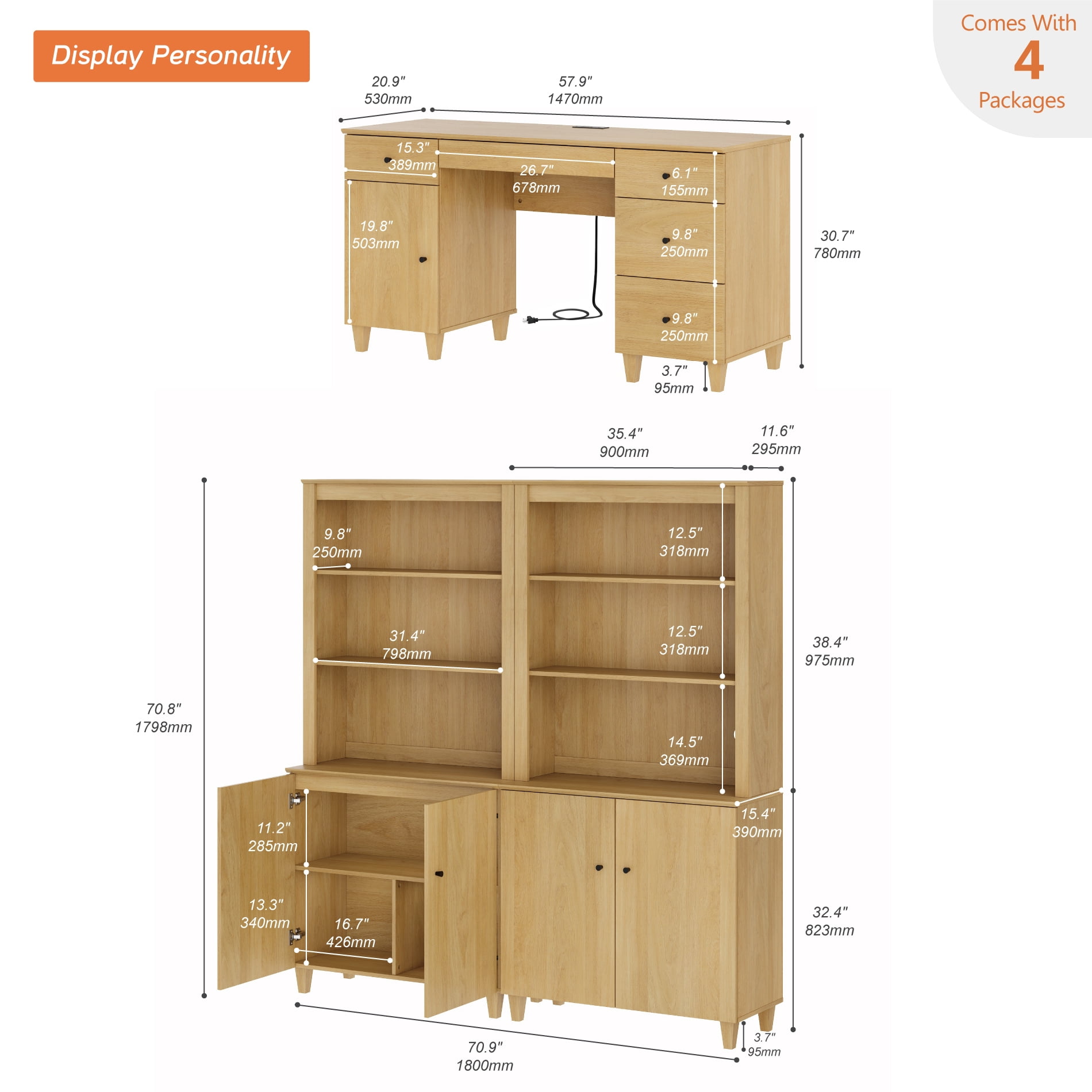 WAMPAT Home Office Furniture Set, 58" Executive Desk with Charging Station and Cabinet, 2-Column 71" Tall Bookcase with Doors and Adjustable Shelves for Living Room,Oak Wood