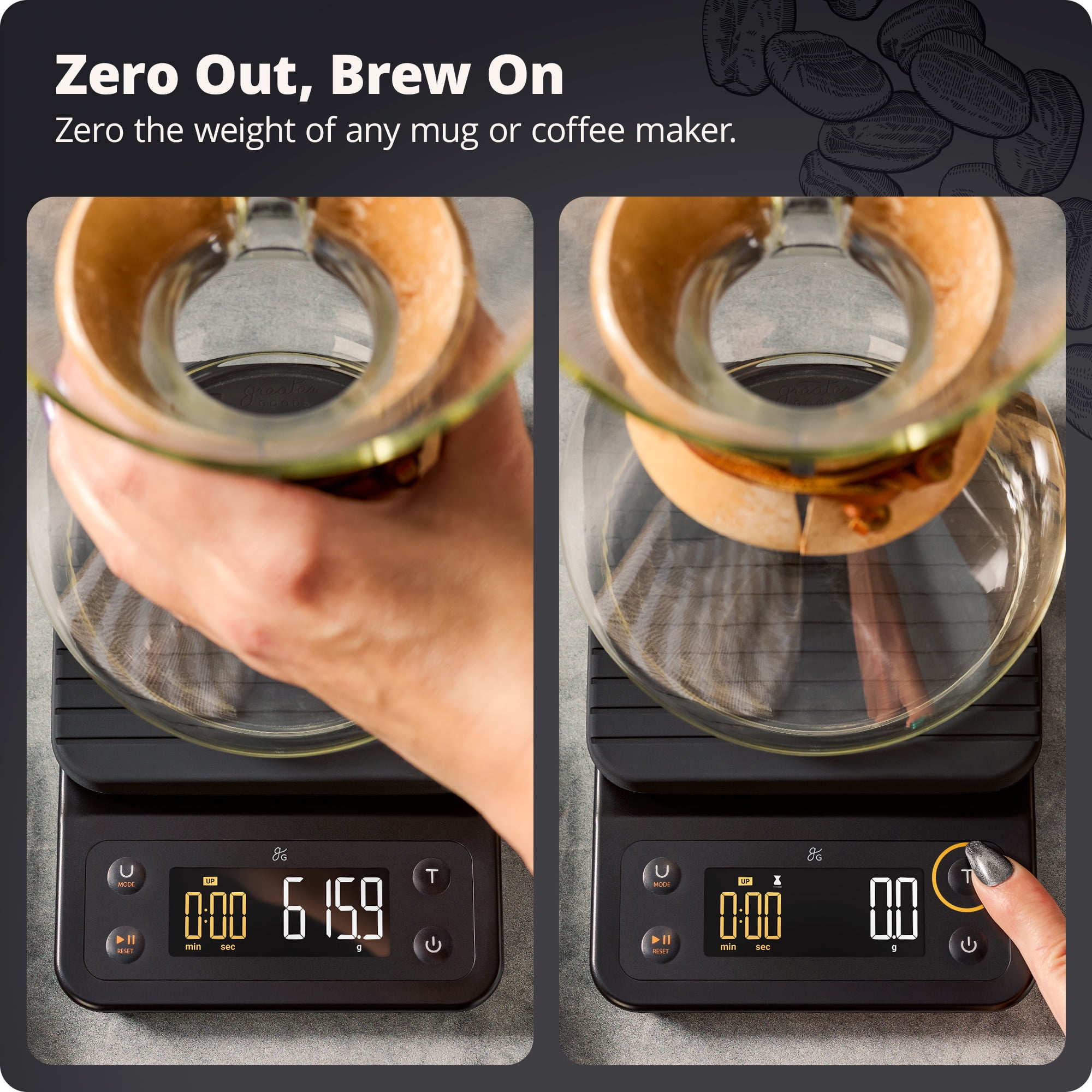 Greater Goods Coffee Scale with Timer, 0.1g Precision, 3kg Capacity, 6-Unit Digital Espresso & Pour-Over Scale, Silicone Waterproof Cover, Auto Shut-Off (Onyx Black)