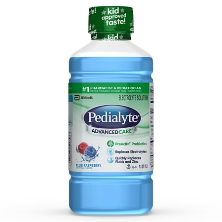 Pedialyte AdvancedCare Electrolyte Solution with PreActiv Prebiotics, Hydration Drink, Blue Raspberry, 1 Liter, 8 Count