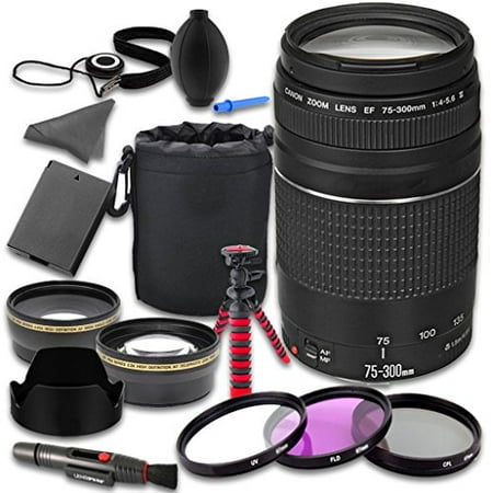 Canon EOS Rebel T5 T6 DSLR Camera Accessories Kit with Canon EF 75-300mm f/4-5.6 III Lens + 2.2x Telephoto Lens + 0.43x Wideangle Lens + Lens Bag + Extra Battery + 3 PC Filter Kit +