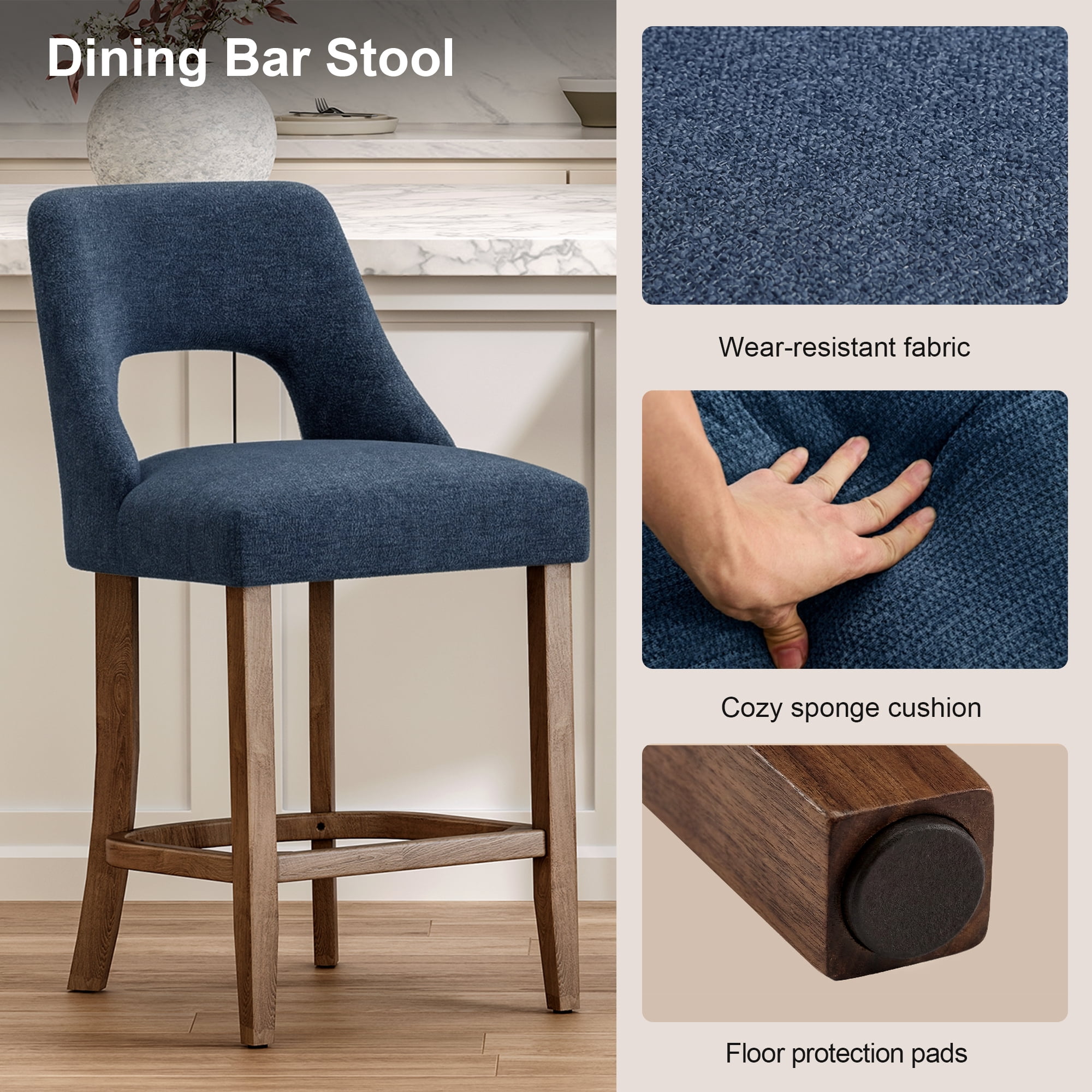 Jopath Set of 2 Bar Stools, Upholstered Counter Height Bar Stools, Modern Counter Stools with Wood Legs for Kitchen Island Dining Room Bar Navy