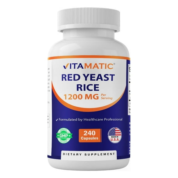 Vitamatic Red Yeast Rice 1200mg. Capsules - 240 Count - 120 Servings, Veggie Capsules