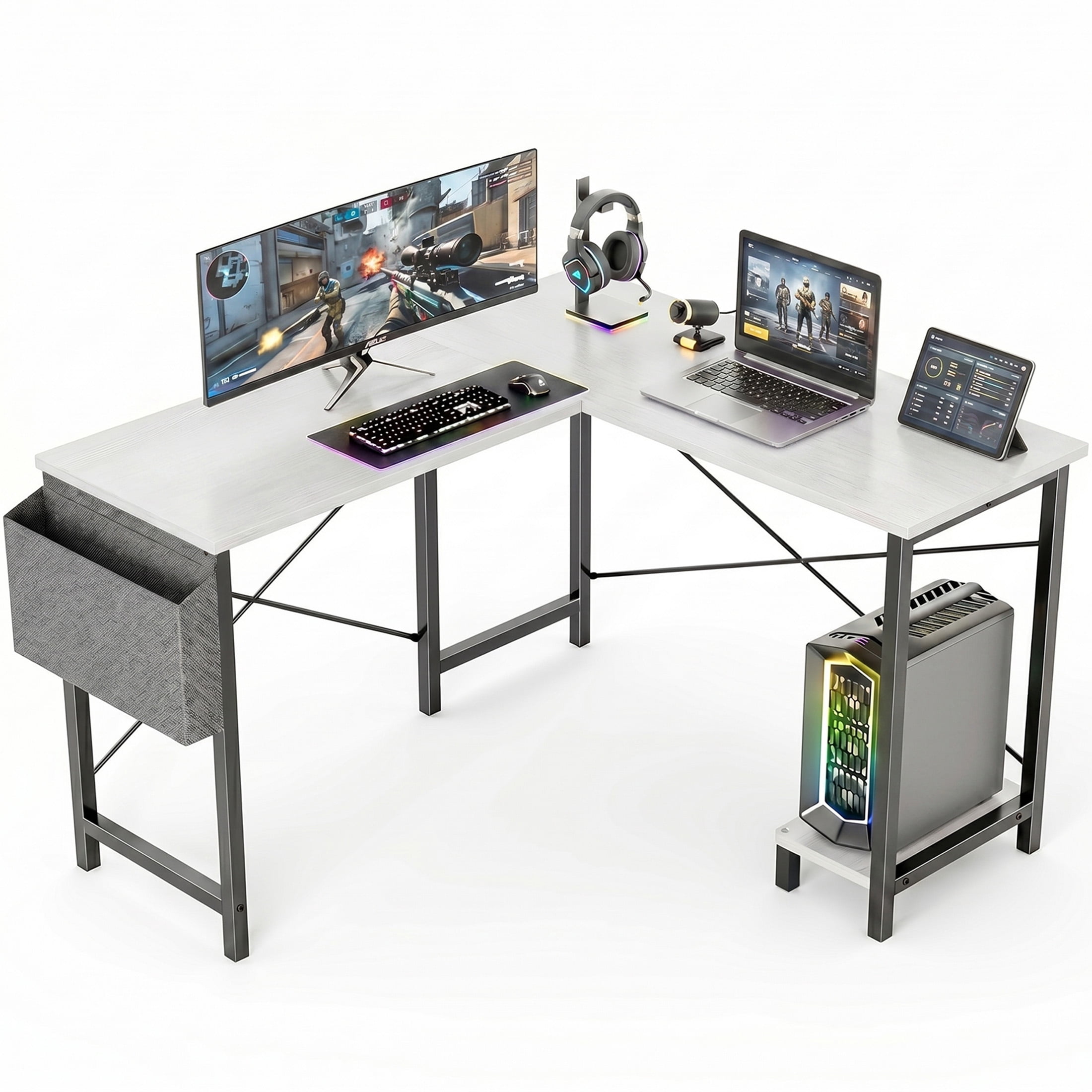 CONCETTA 49 Inch Modern L Shaped Computer Desk with Lower Storage Shelf & Side Bag, Two-Way Convertible Corner Gaming Table for Home Office, White