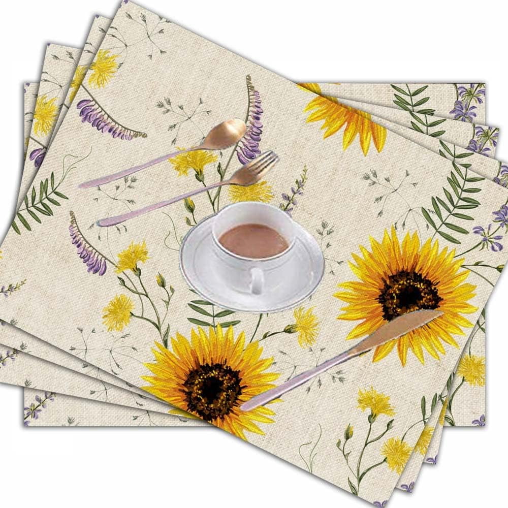 Sunflower Placemat Beautiful Vintage Floral Pattern Autumn Wild Flowers Farmhouse Placemats 18"X12"Set of 4 for Dining Kitchen Restaurant Table
