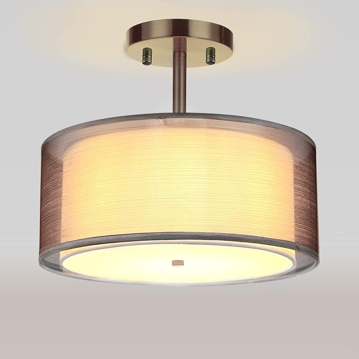 FRIDEKO HOME 12inch Semi Flush Mount Ceiling Light, Double Fabric Shade, 3-Lights Modern Drum Light Fixture for Hallway, Living Room, Bedroom (Without Bulbs)