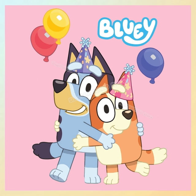 bluey lindo dibujo animado de planchado de transferencia de calor de impresión de la ropa pegatina de bricolaje paquete de parches con capucha camisa de decoración de regalo diseño cuadrado 20cm x 20cm con dos personajes estilo Bluey abrazados, gorros de fiesta y tres globos sobre fondo rosa. Composición centrada, vista frontal de silueta completa; material: poliuretano. Indicado en la ficha para ropa, textiles para el hogar, bolsos y zapatos; también se usa a menudo para personalizar sudaderas y camisetas siguiendo las instrucciones de planchado.