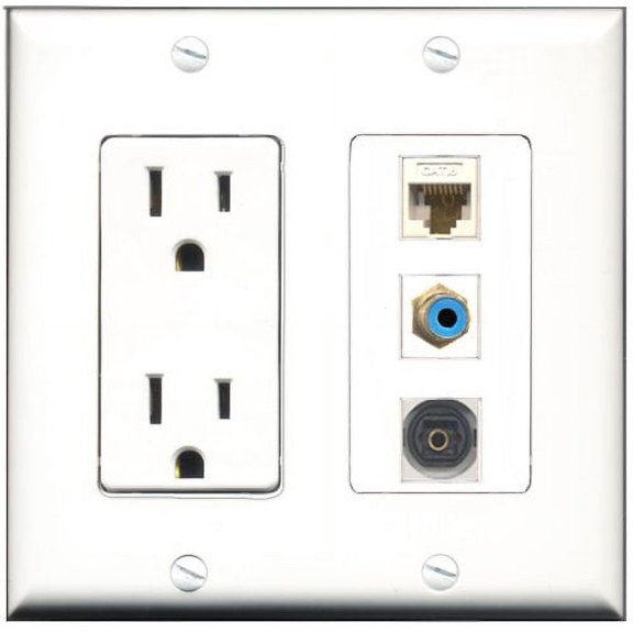 RiteAV - 15 Amp Power Outlet 1 Port RCA Blue 1 Port Toslink 1 Port Cat6 Ethernet Ethernet White Decorative Wall Plate