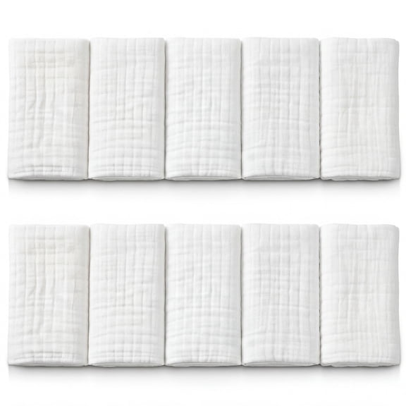 Mère & Moi: Muslin Burp Cloths - 10 Pack, White - 20x10", Soft Cotton, Oeko-TEX, Absorbent & Quick-Dry, Drool Rag, Nursing Cover, Baby & Toddler Care