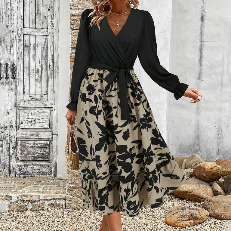 Work Print Printing V Neck A Line Dresses Work Print Printing V Neck A Line Dresses