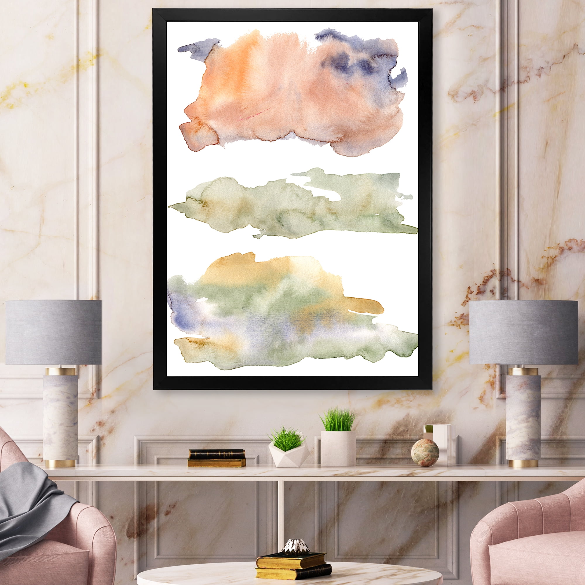 Designart 'Abstract Orange Blue and Beige Green Clouds' Modern Framed Art Print