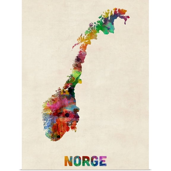 Great BIG Canvas | Rolled Michael Tompsett Poster Print entitled Norway Watercolor Map
