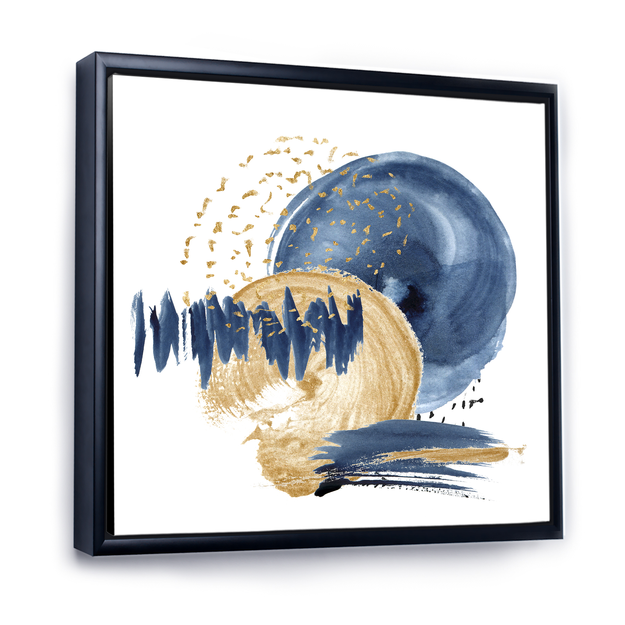 Gold and Dark Blue Abstract Circle Ocean Texture 30 in x 30 in Framed Painting Canvas Art Print, by Designart