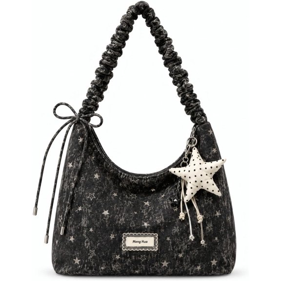 Sunyuer Women Cute Star Print Hobo Shoulder Tote Bag, Ruched Pleated Strap Casual Handbag with Polka Dot Star Charm, Large Capacity Lightweight Daily Purse for Shopping Dating Travel