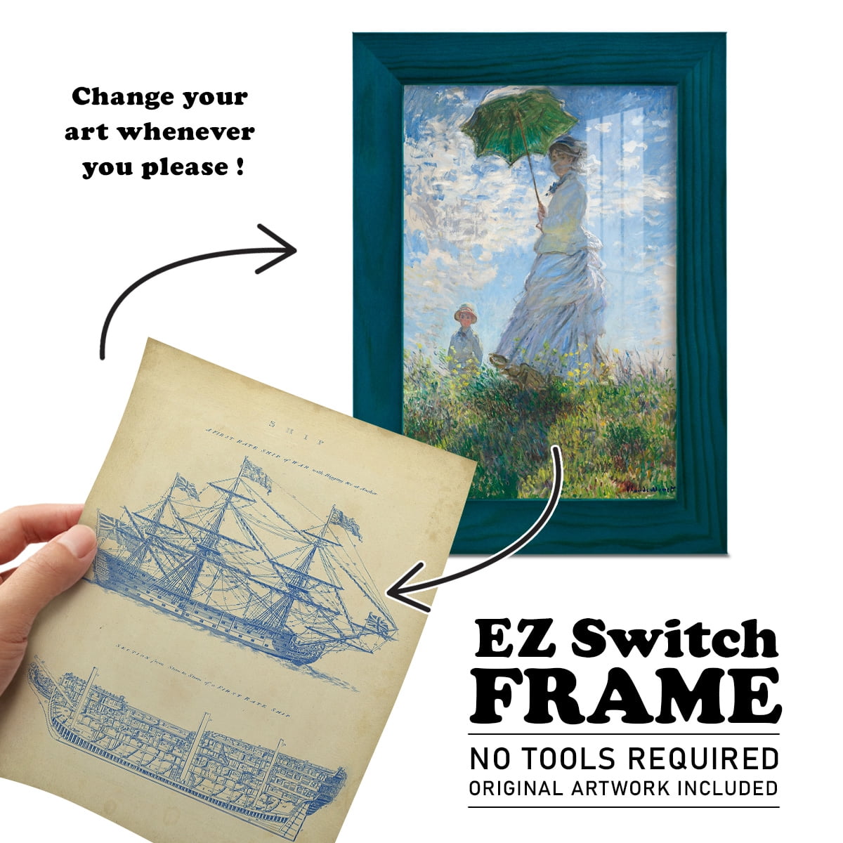 Vintage Ship Blueprint -Framed Print w/glass-Ocean Blue
