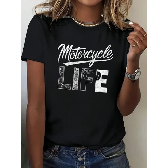 Women's Motorcycle LIFE T-Shirt, Short Sleeve, Round Neck, Casual Top, Motorcycle-Themed Print, Machine Washable, Daily Wear, Gift For Riding Lovers