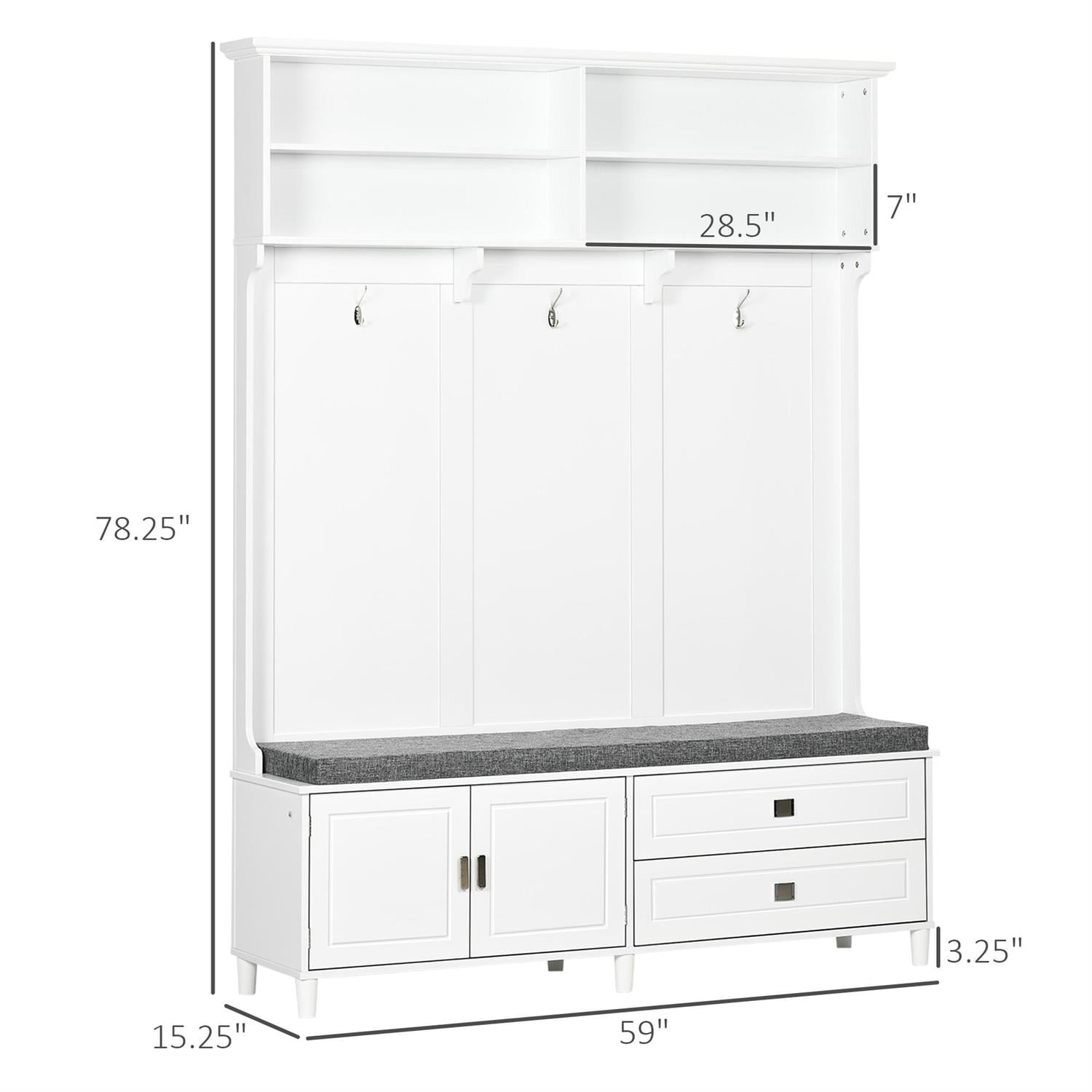 Demi Bonn 78" Hall Tree Bench with Storage & Coat Rack for Entryway, Multi-Functional Storage Shelves & Cabinet for Hallway & Mudroom, White