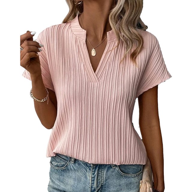 Blusa con cuello en V para mujer, manga corta, a rayas, informal, holgada, color puro, jersey de verano, camiseta rosa L