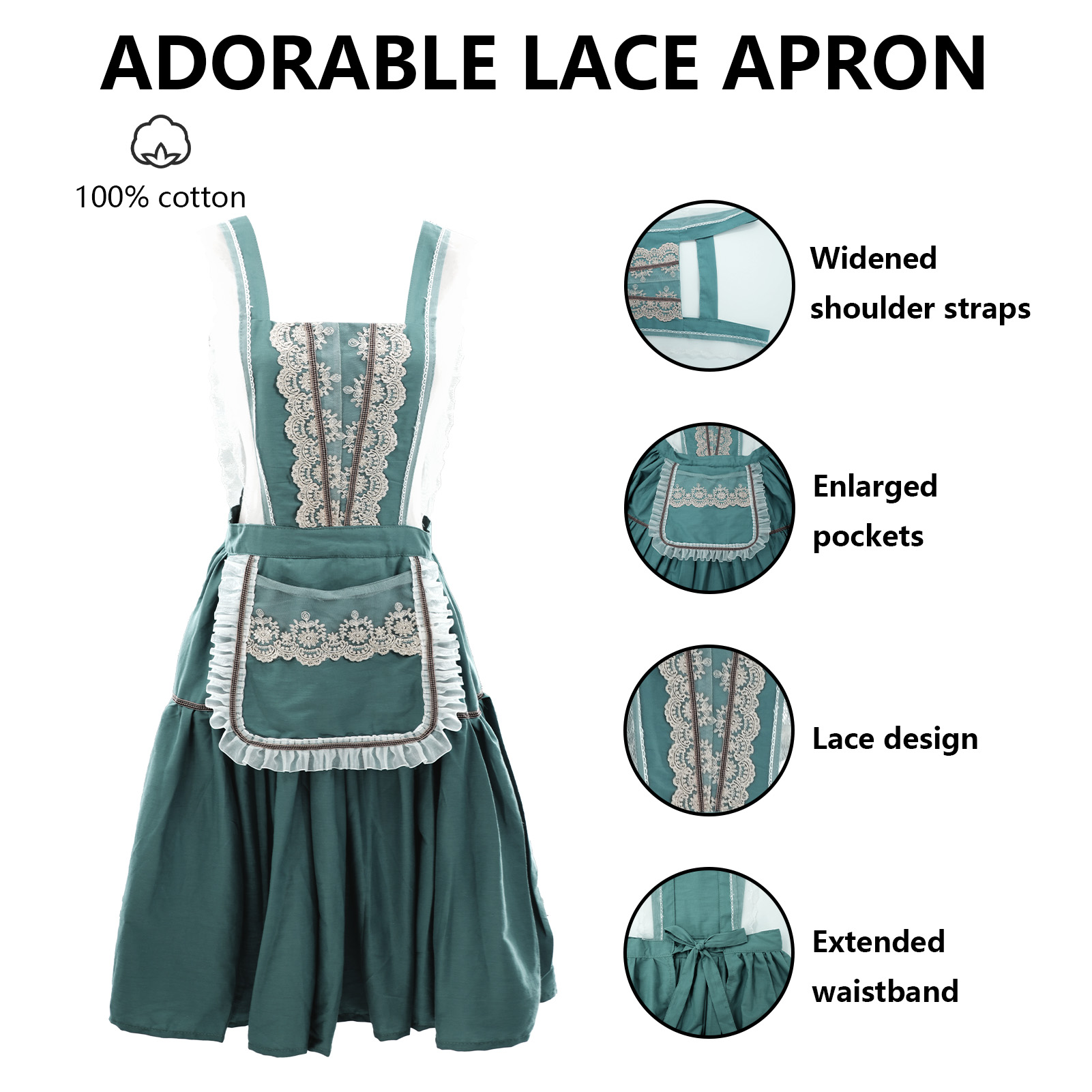 FEOYA Women Baking Apron Cotton Vintage Apron Kitchen Apron with Pockets Chef Lace Aprons Dress for Cooking Baking Gardening Work Cake Green