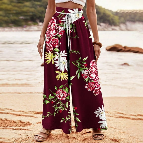 ABPWLY Pants for Women Wide-Leg Pants for Women Casual Elastic Waist Loose Vintage Floral Print Palazzo Pants Trousers with Drawstring Wide Leg Pants Woman