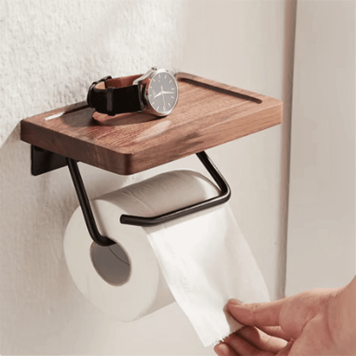 Double Paper Holder with Shelf Wood Wall Mounted WC Holders Toilet Paper Towel Rack for Bathroom Kitchen Flat