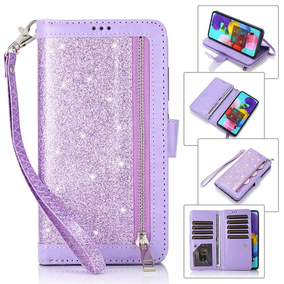 Dteck Wallet Case For Samsung Galaxy A51 (4G), Luxury Glitter Bling PU Leatether Zipper Purse Wallet Case with Built-in 9 Card Slots / Hand Strap, Purple