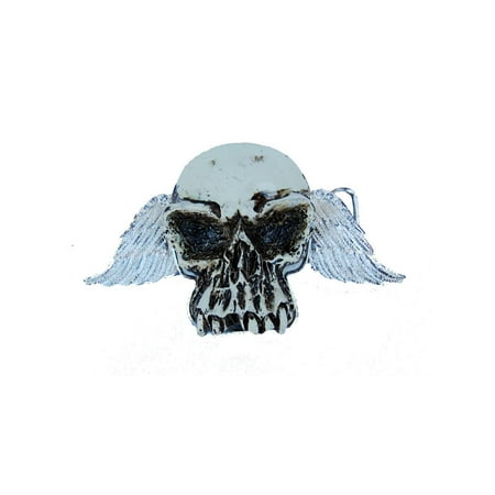 Wood Skull Belt Buckle - Rest In Peace Skull Winged Design Steel Belt Buckle
