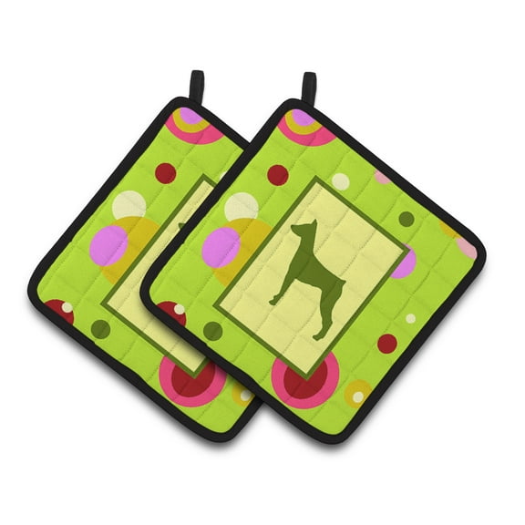 Carolines Treasures CK1078PTHD Lime Green Dots German Pinscher Pair of Pot Holders , 7.5HX7.5W, multicolor
