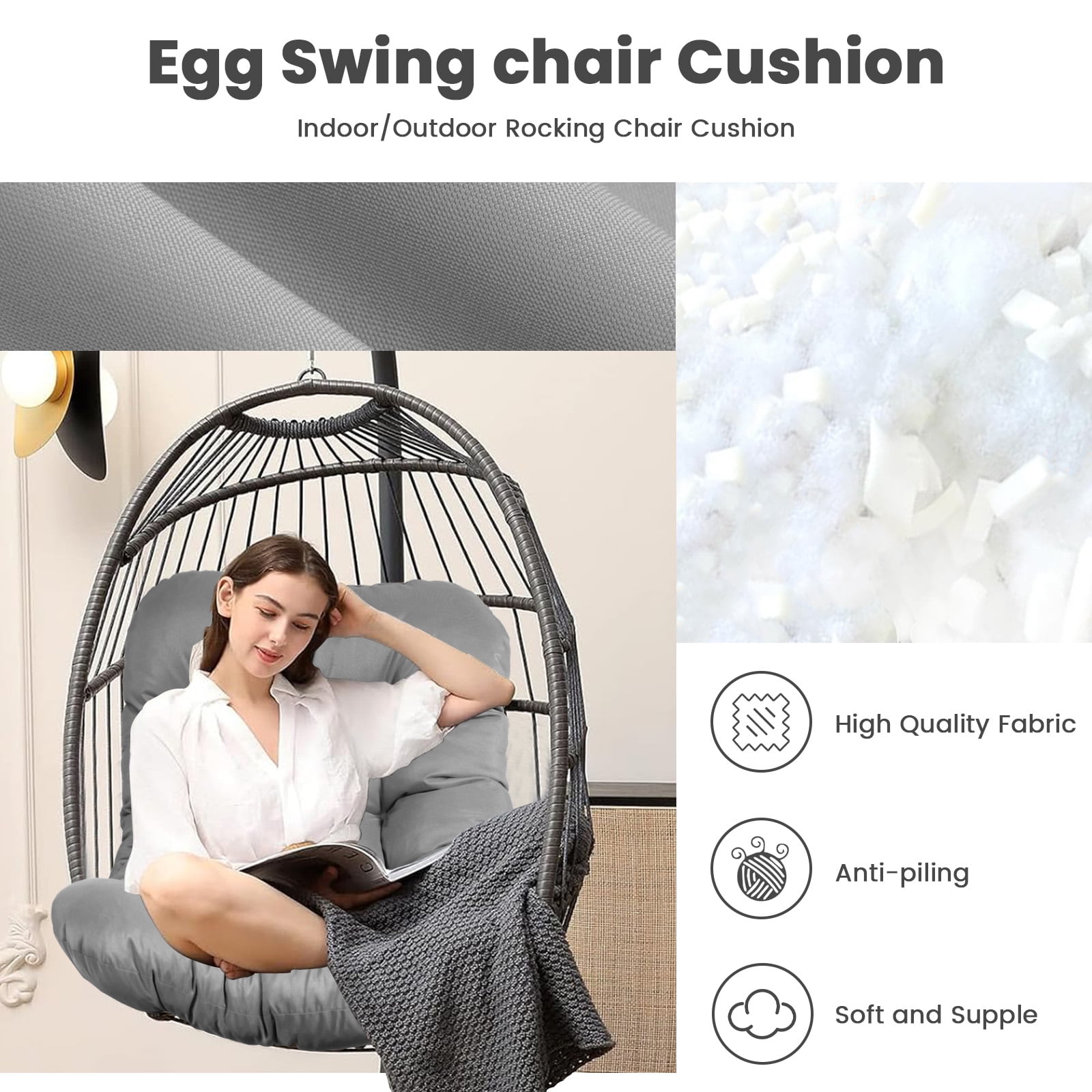 Egg Chair Cushion Replacement, Waterproof Hanging Basket Seat Cushion, U-Shape Swing Chair Cuhsion 37x49 Inches for Indoor Outdoor Patio Porch Furniture (Only Cushion)